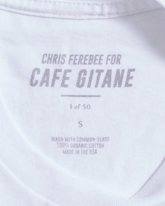 The Cafe Gitane Limited Edition Artis Collaboration Tee is 100% organic cotton and made in the USA. The classic t-shirt fit is printed with a collage artwork by Chris Ferebee, in non-toxic, water-based ink. 